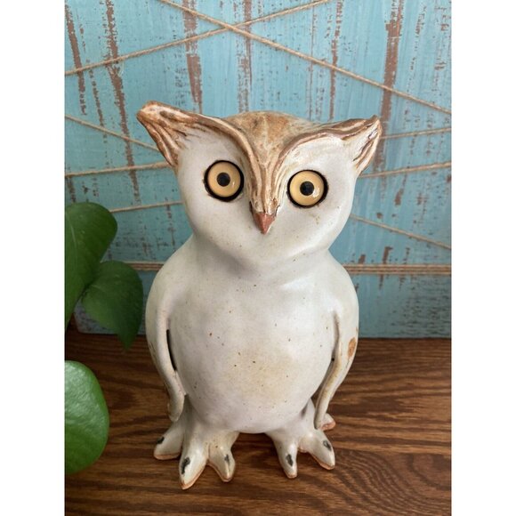 Hand made Signed Snowy Barn Owl Terra Cotta Garden Sculpture 9” Glass Eyes - Picture 1 of 12